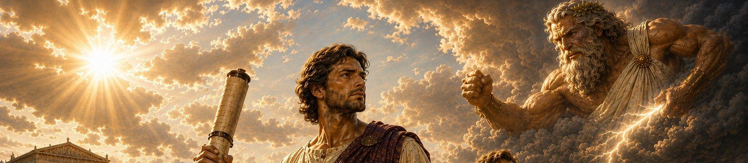 Epicurus with a scroll beneath a sunlit sky, facing a scowling Zeus in the storm clouds